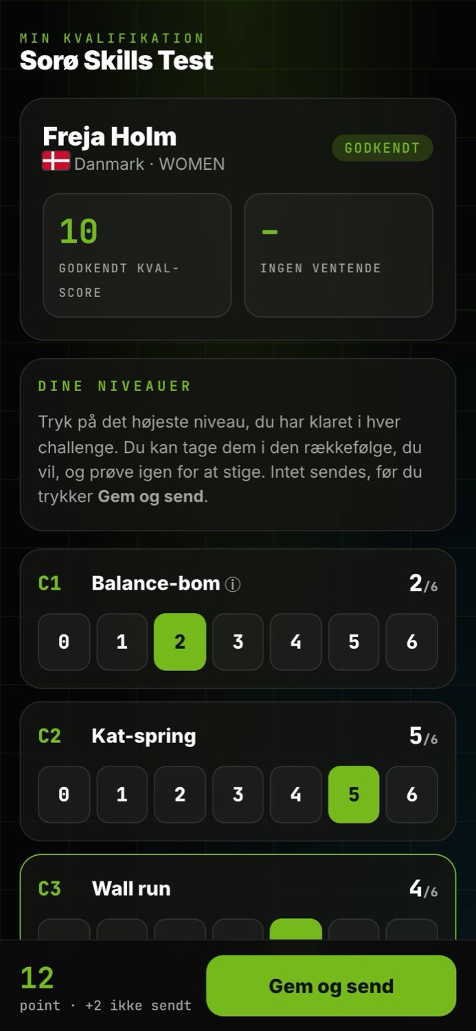 Atletsiden på mobil med godkendt kval-score, challenges med niveau 0 til 6 og knappen Gem og send.