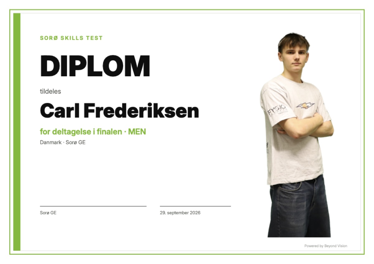 Diplom med atletens navn, placering og billede.