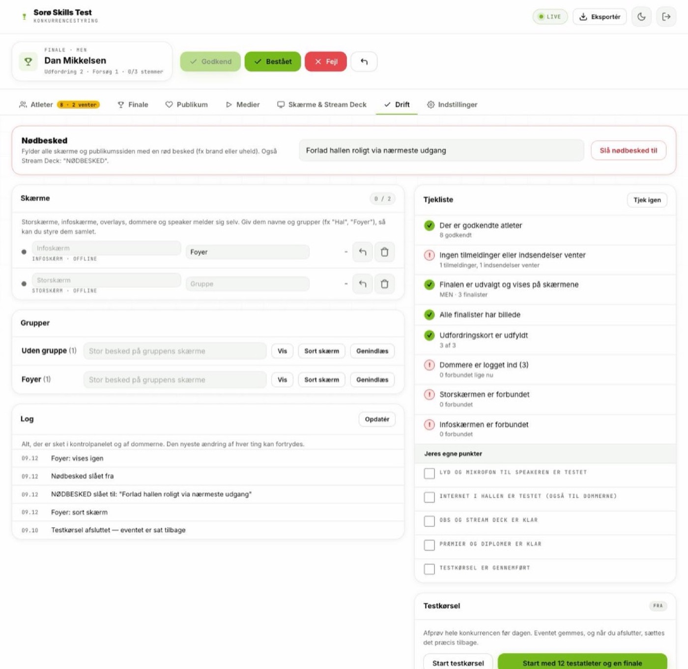 Drift-fanen i kontrolpanelet med tjekliste, ændringslog med fortryd-knapper, testkørsel og rapporter.