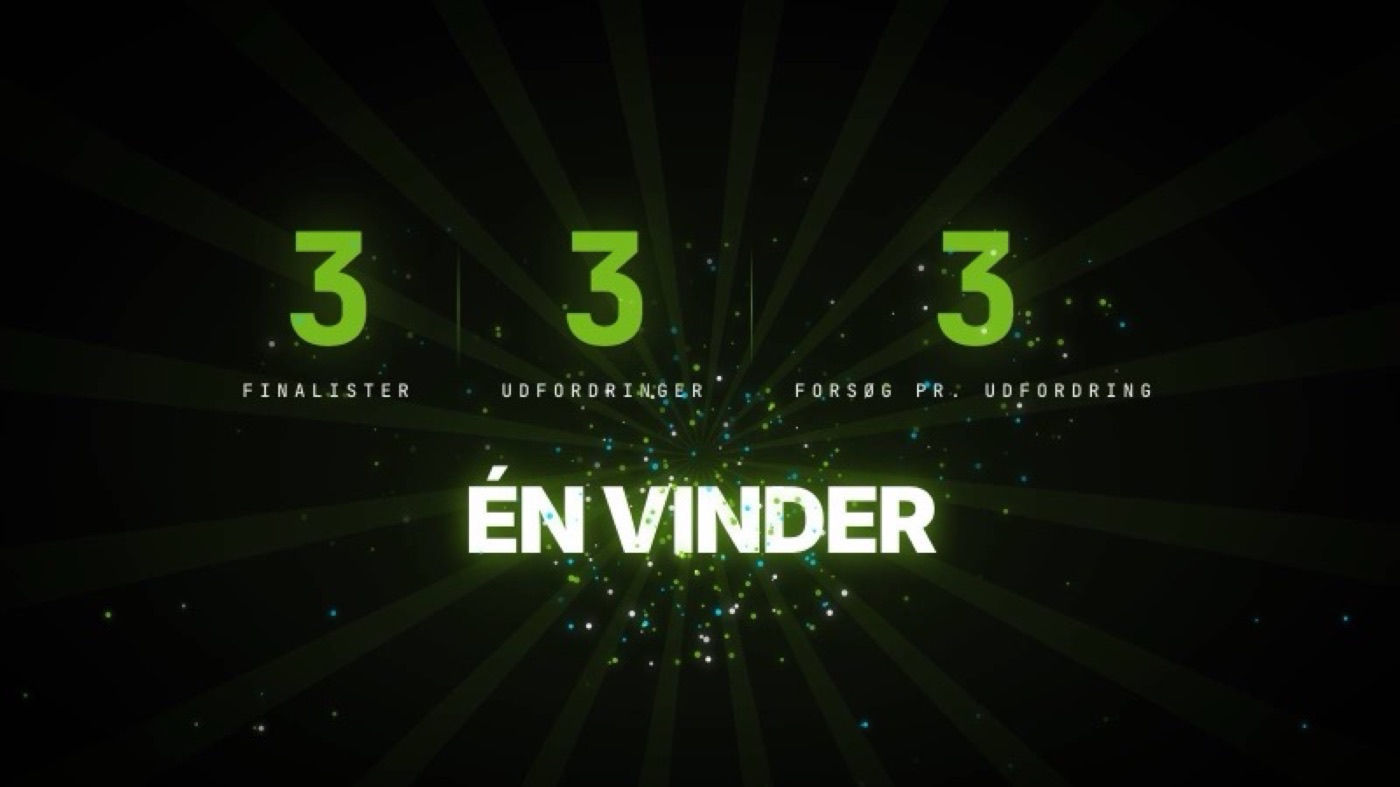 Intro på storskærmen: 3 finalister, 3 udfordringer, 3 forsøg — én vinder.