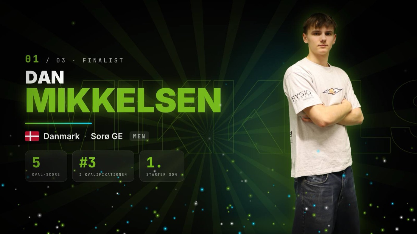 Storskærmen præsenterer en finalist: et fritlagt billede af atleten, navnet i stort format, land, klub og kvalifikationstal, med lysstråler og partikler bag.