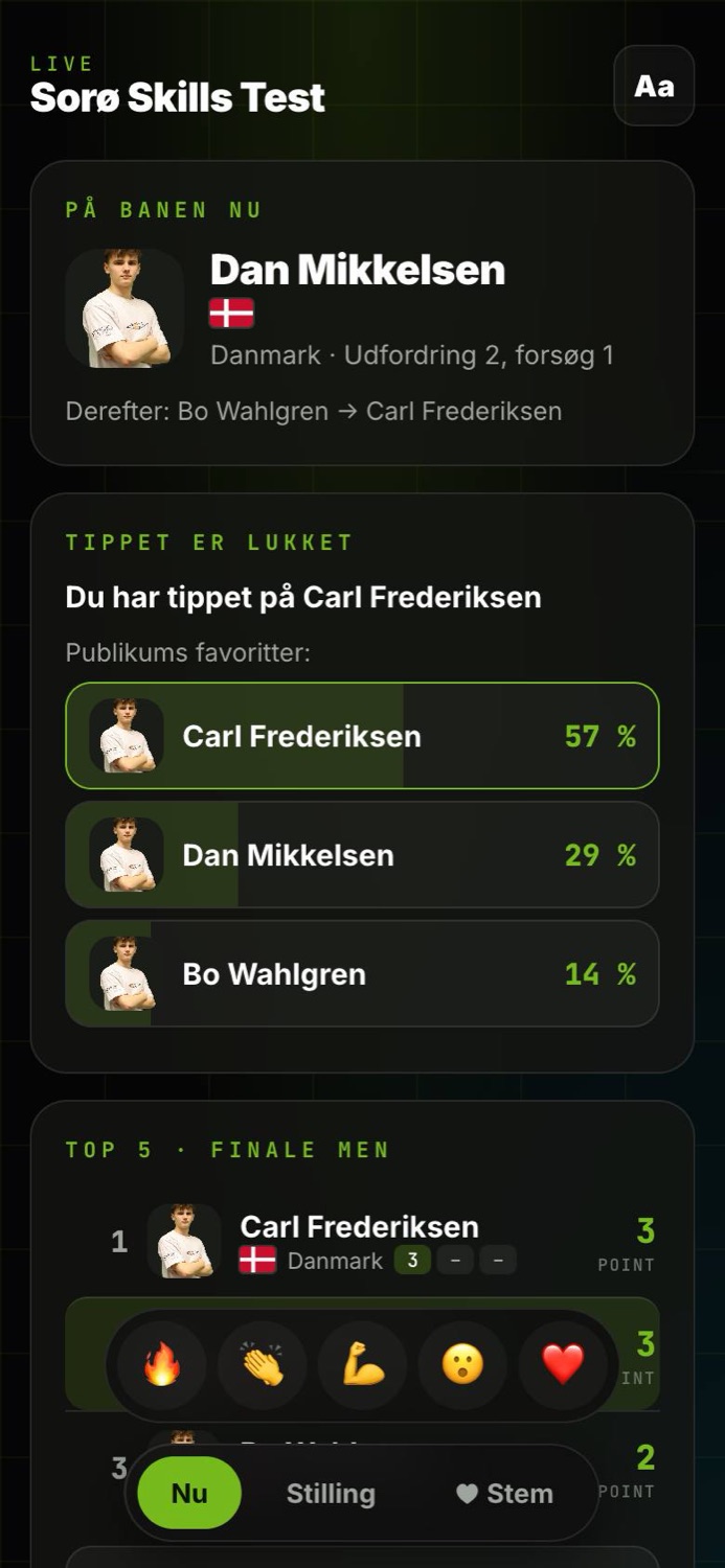 Publikumssiden på en mobil: atleten på banen, publikums tip og top 5 i finalen med reaktionsknapper.