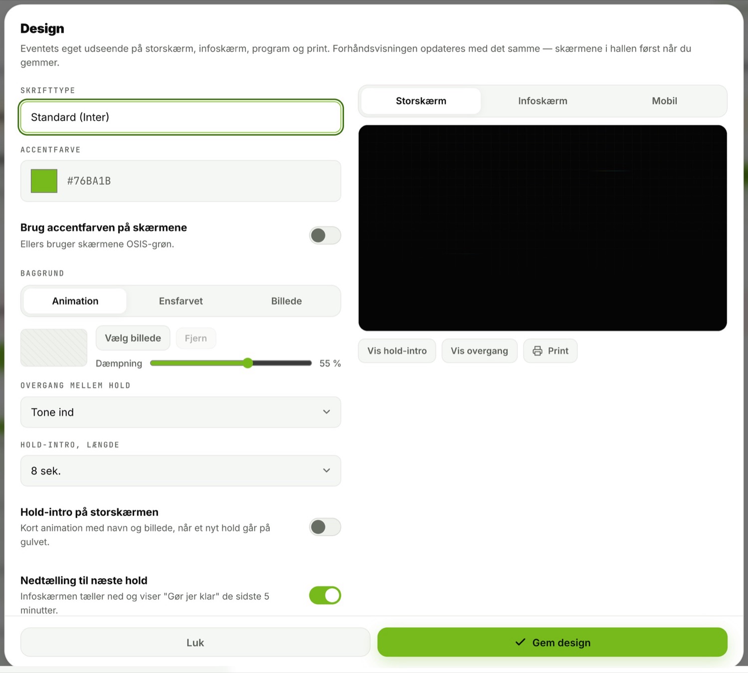 The design settings in LiveSync with colours, typefaces, background and transitions plus a preview.