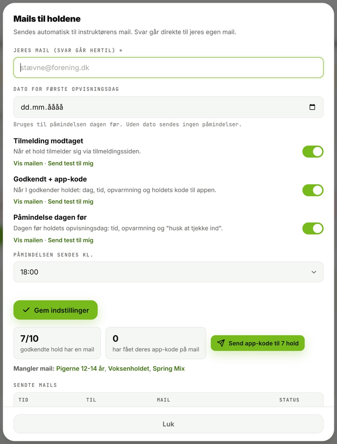 Mail-opsætningen i LiveSync med de tre mailtyper, tekstfelter og forhåndsvisning.