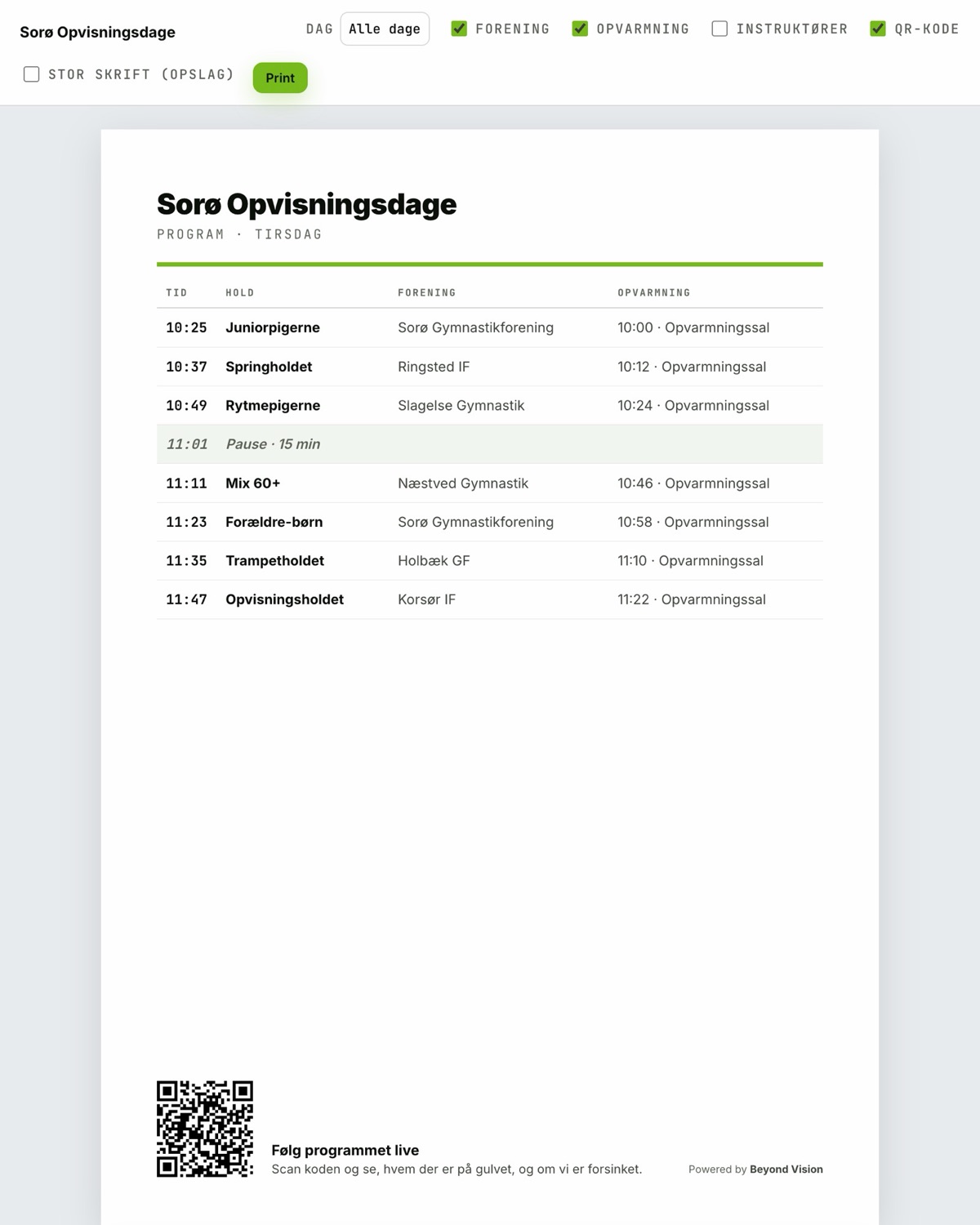 The programme ready to print with the day's teams, times and notes.