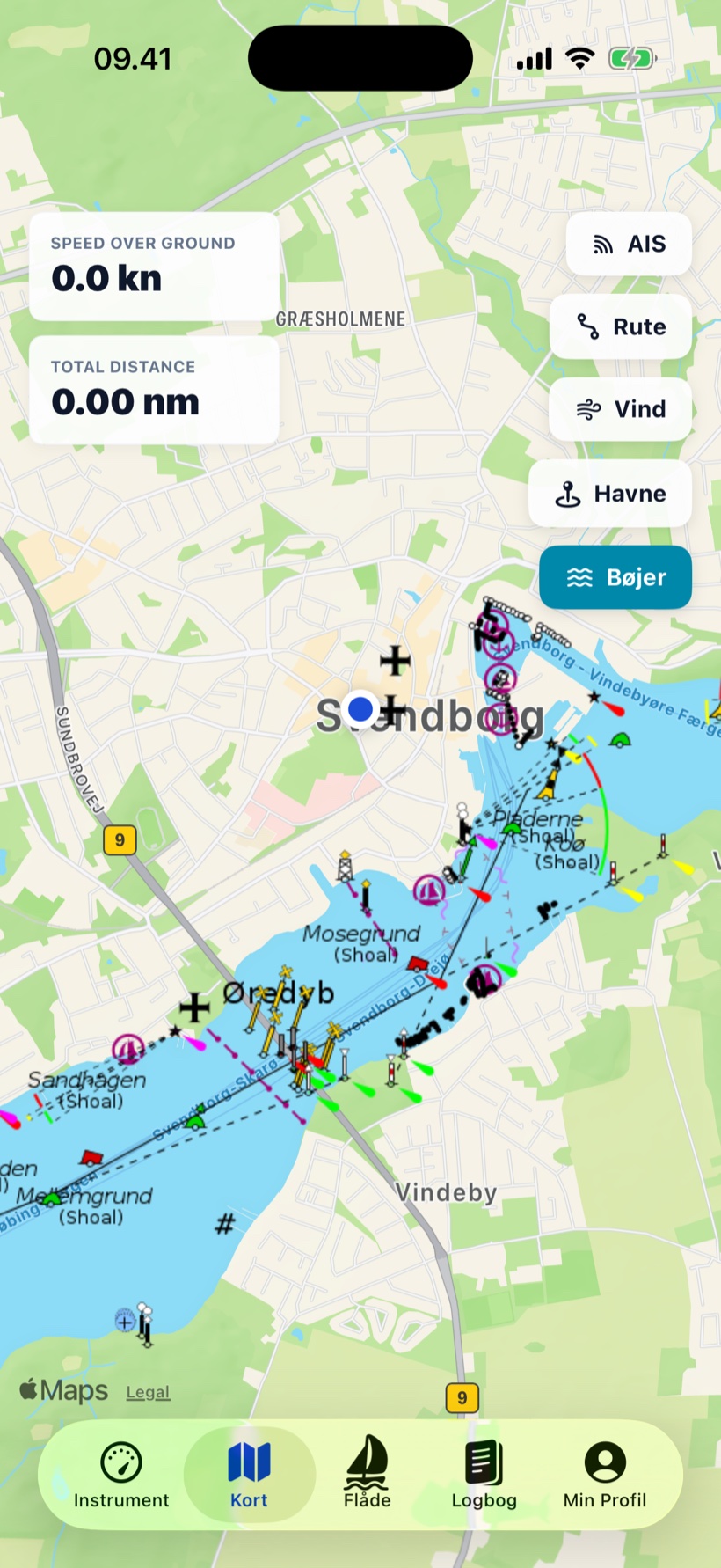 The chart with the buoys layer switched on: sea marks, shoals and channels around Svendborg.