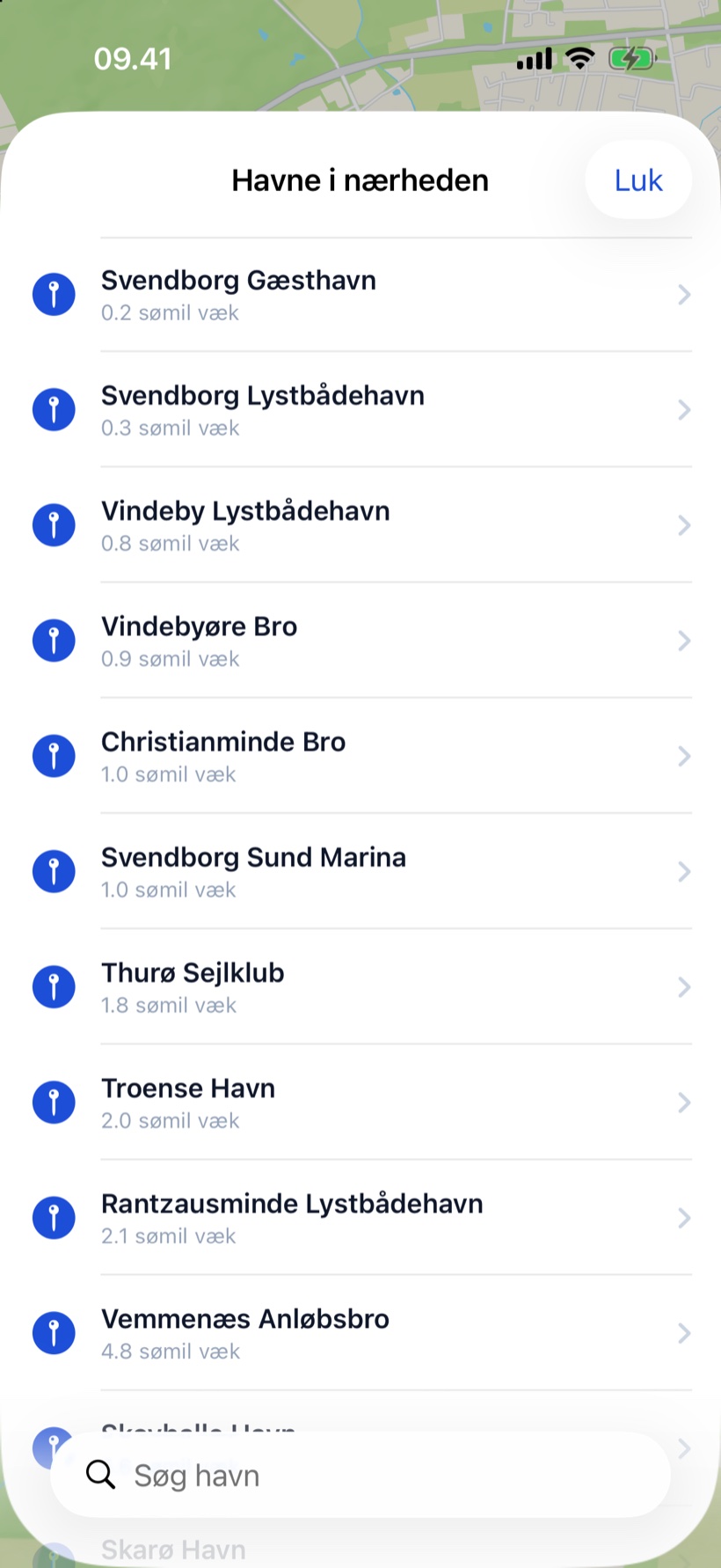 Harbours nearby: a list of harbours around Svendborg with distance in nautical miles.