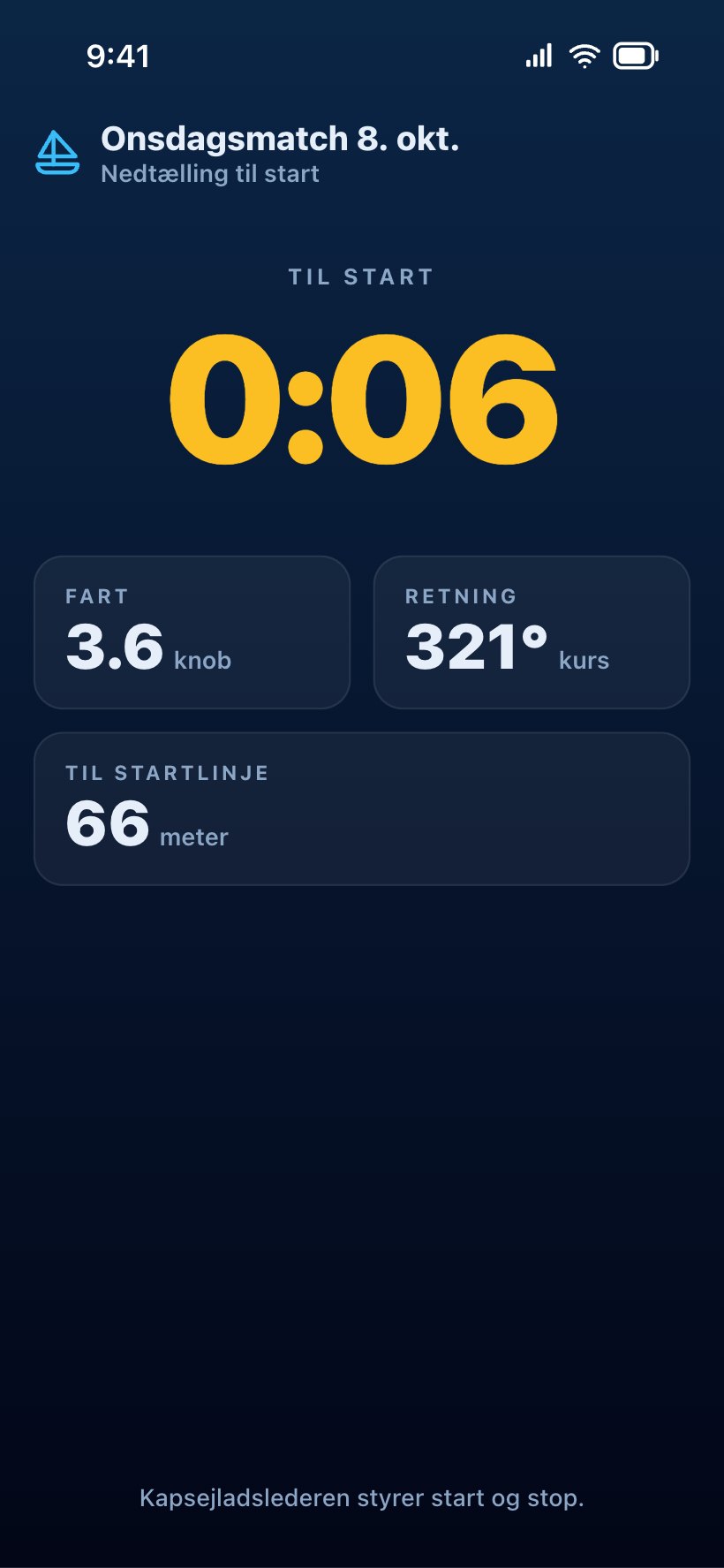 Race mode in the app with the countdown to the start, speed, heading and distance to the start line.