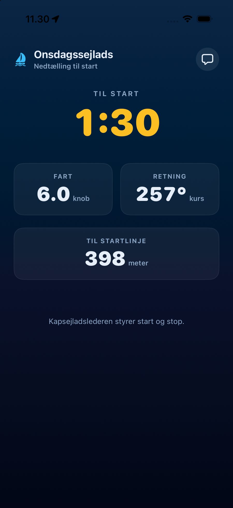 Race-mode i appen med nedtælling til start, fart, retning og afstand til startlinjen.