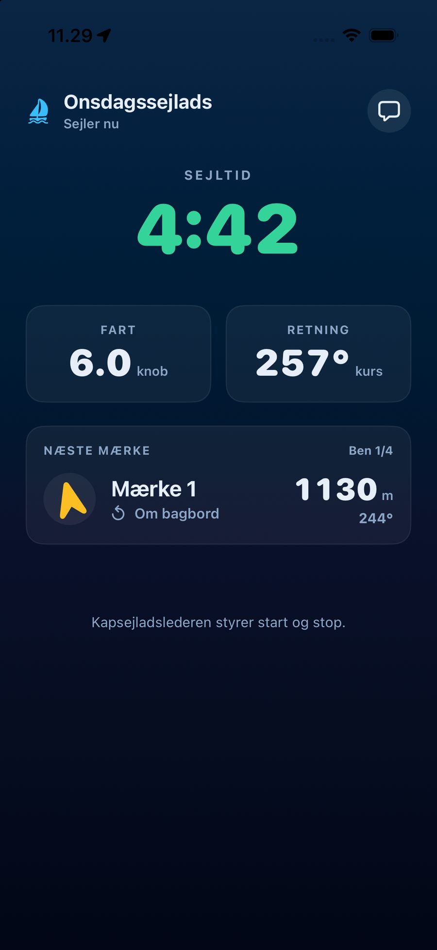Race mode in the app during the race with elapsed time, speed, heading and distance to the next mark.