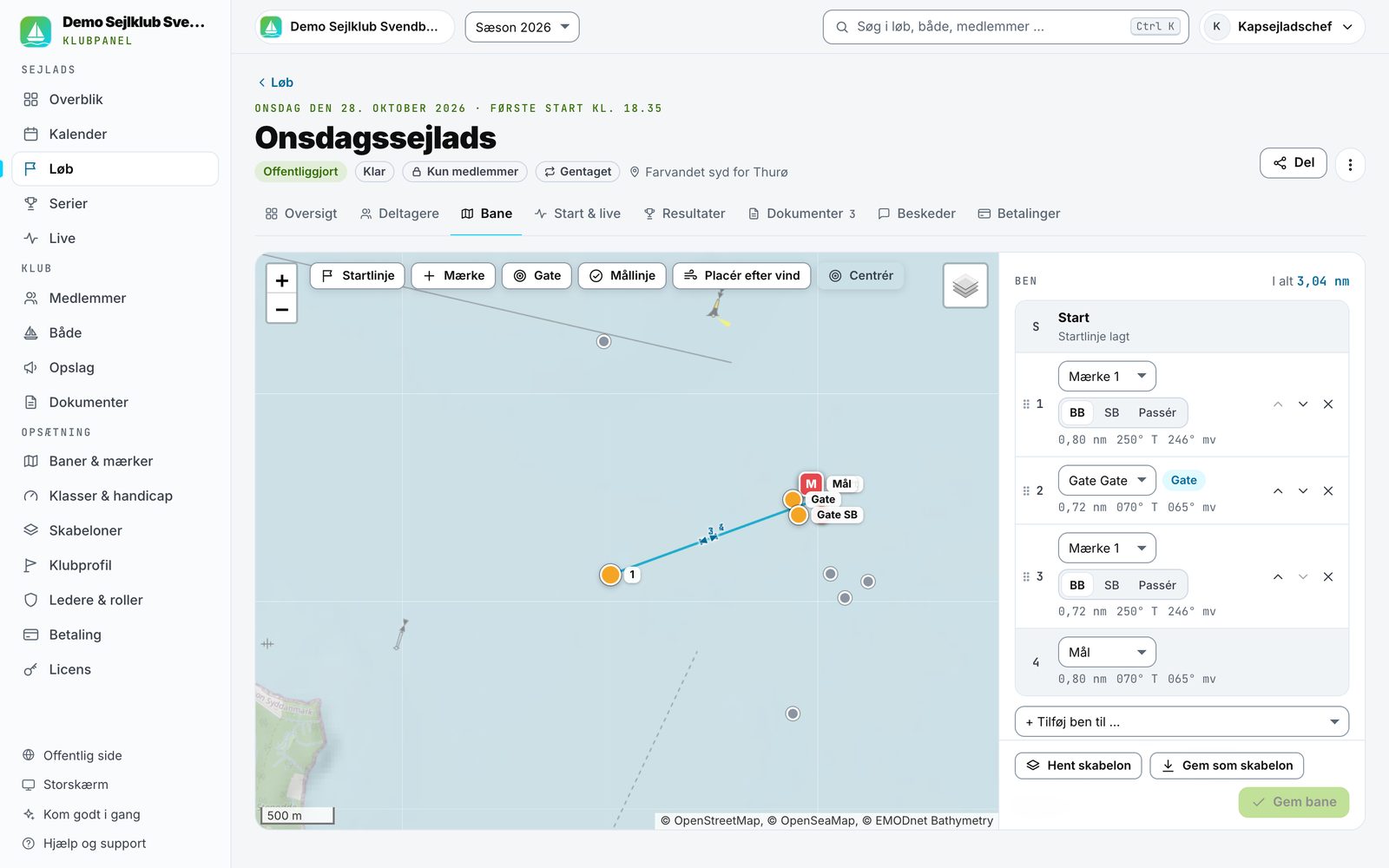 Banetegneren i lederpanelet: startlinje, mærke 1, gate og mållinje på kortet med sømærker og dybde, og listen over ben med distance og kurs.