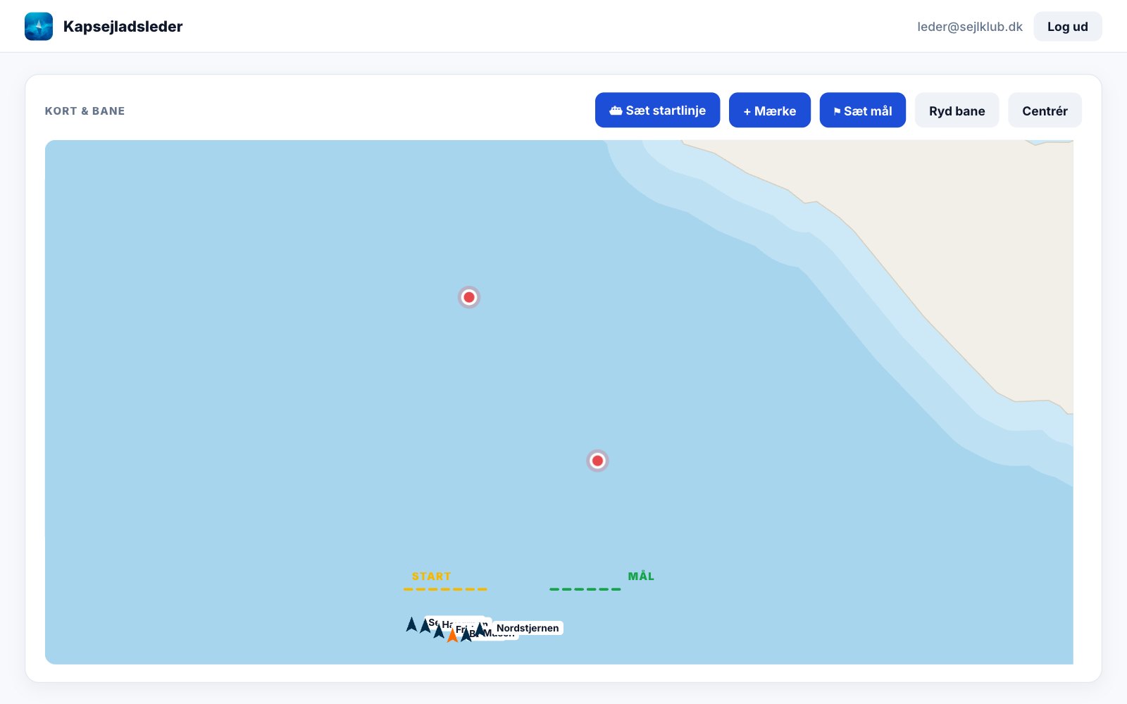 The race officer panel in the browser with the course: start line, two marks and finish line off Korsør.