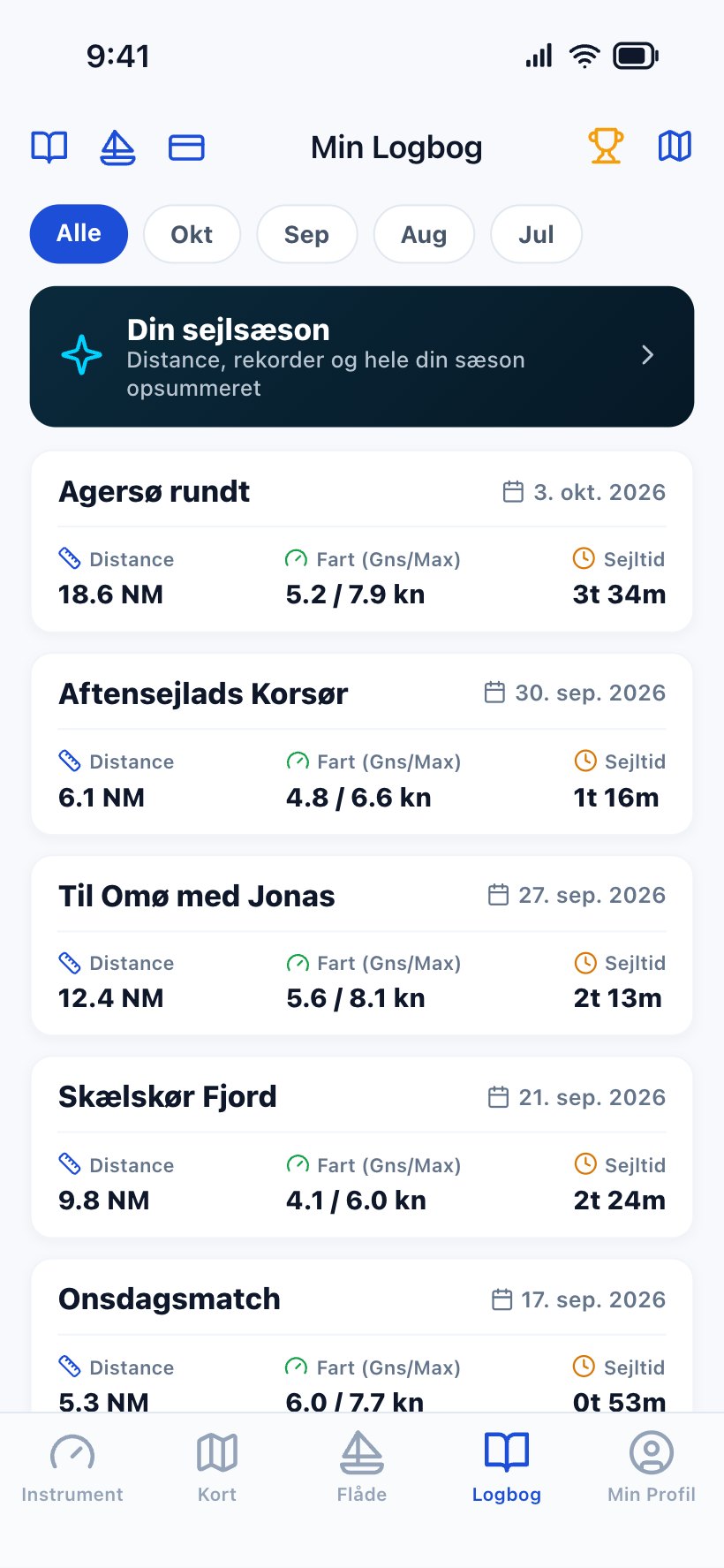 The logbook with month filters, a shortcut to the season summary and a list of trips with distance, speed and time under way.