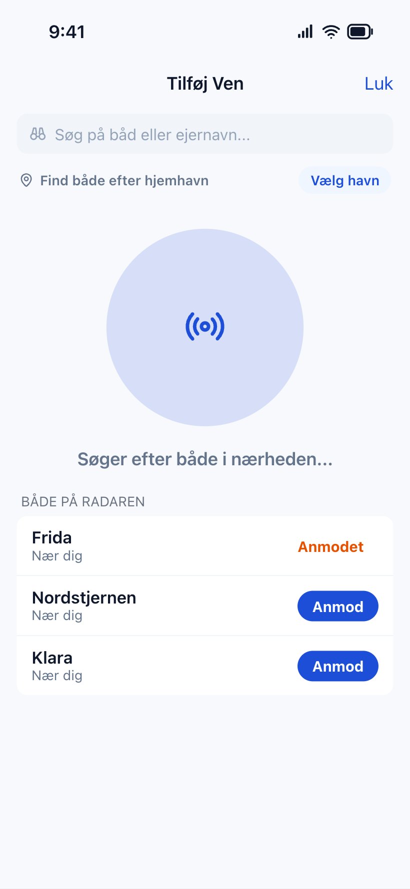 Adding a friend with the radar, which searches for boats nearby, with request buttons.