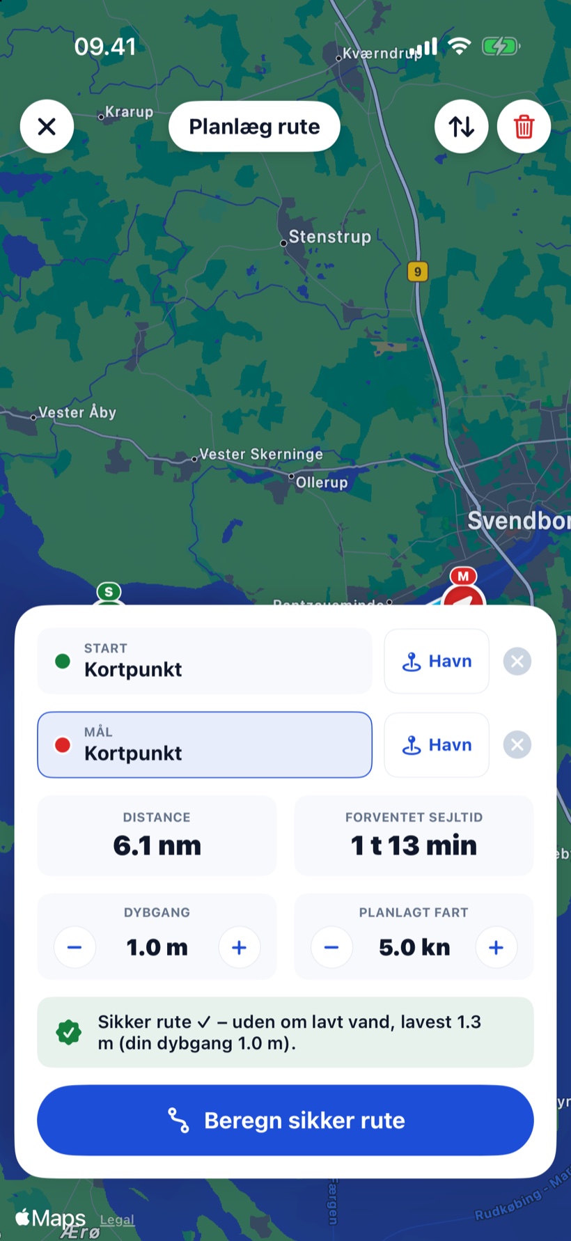 The route planner with start and destination, a draught of 1.0 metres and the message that the route avoids shallow water, shallowest 1.3 metres.
