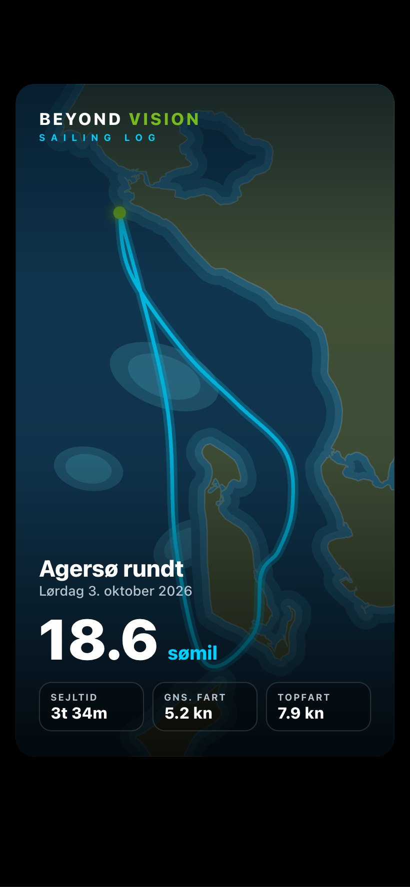 A story card with the route Agersø rundt on a dark chart, 18.6 nautical miles, time under way, average and top speed.