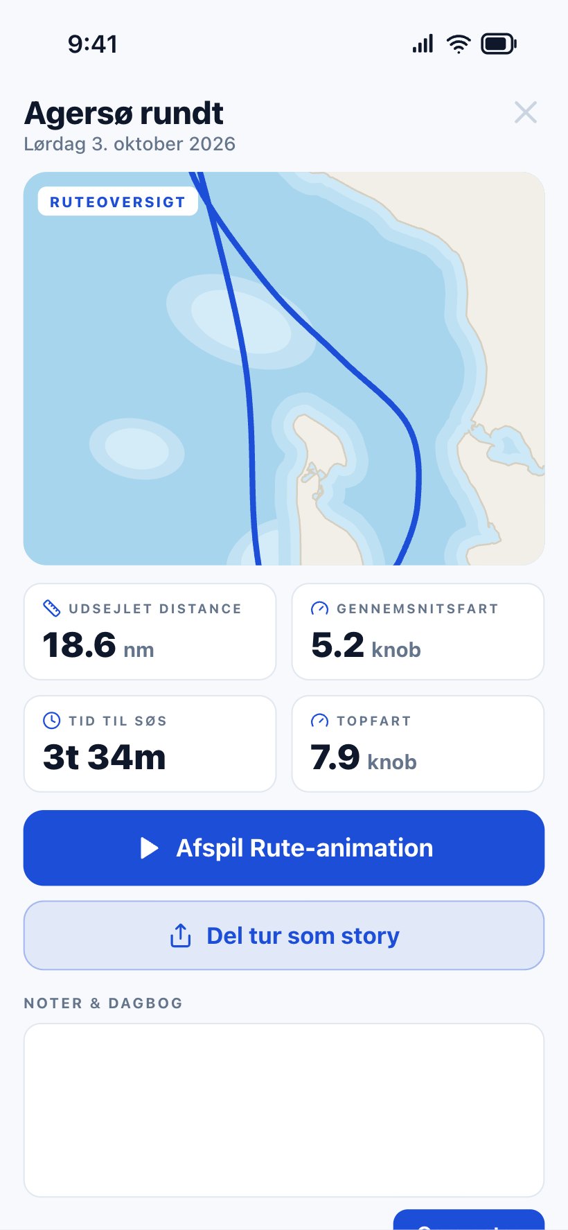 A trip in the logbook: Agersø rundt with the route overview on the chart, 18.6 nautical miles, 5.2 knots average, 3 hours 34 minutes and a top speed of 7.9 knots.