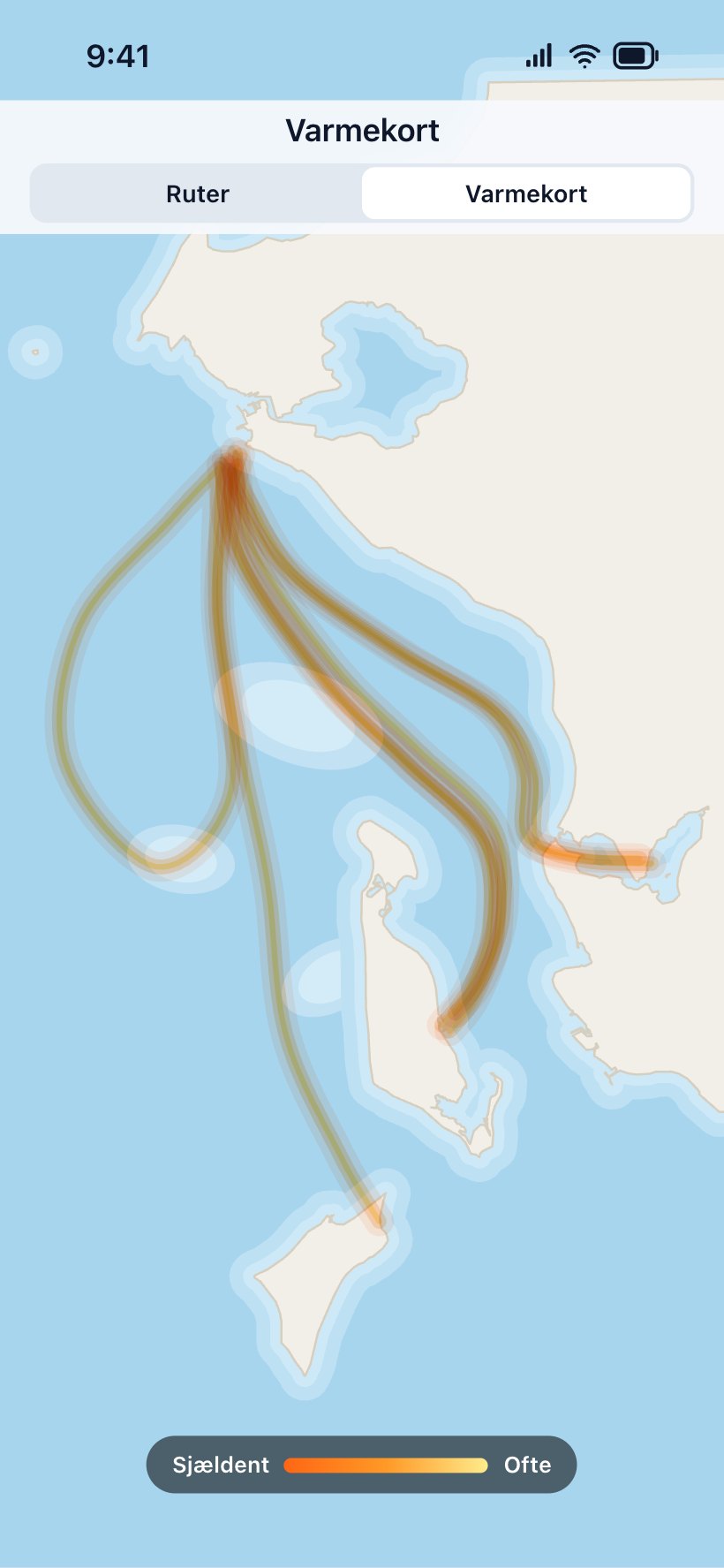 The heat map with every route layered, so the most-sailed waters glow.
